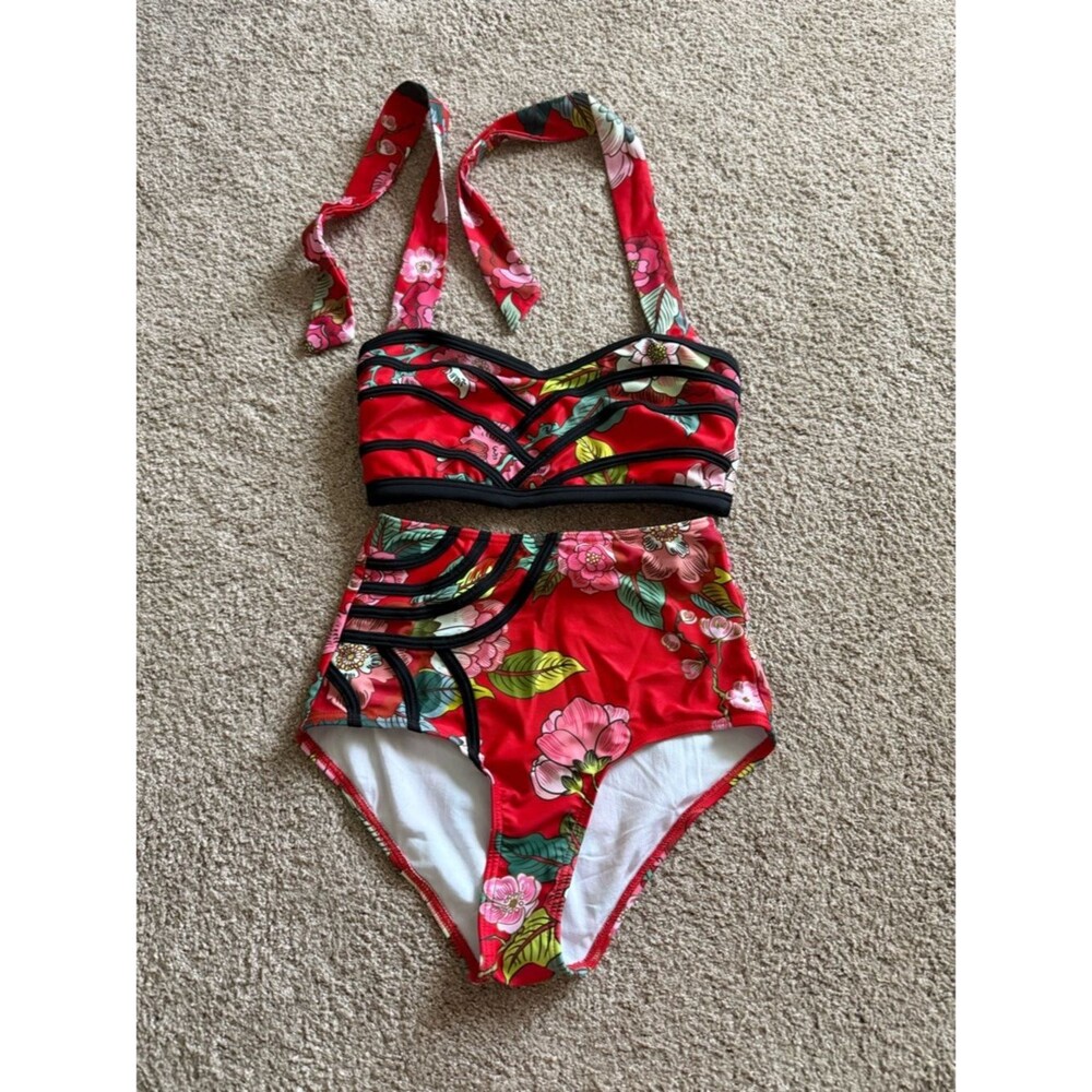 Modcloth Red Floral High-Waist Bikini Set Size XS